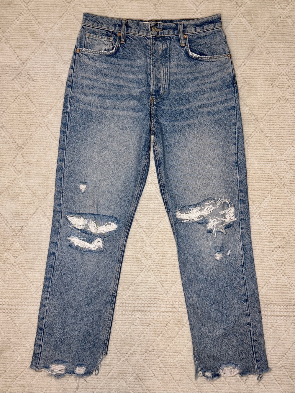 Free People We The Free light wash high rise straight leg distressed jeans sz 27